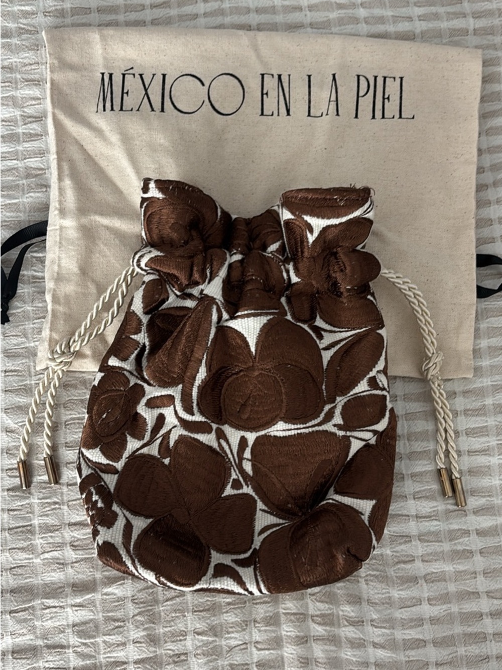 Brown and White Embroidered Drawstring Bag